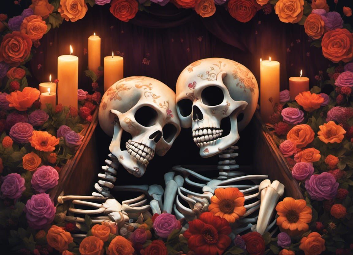 A Dia de los Muertos-inspired cinematic artwork of a couple's skeletons embracing in a coffin, their bones intertwined, ...