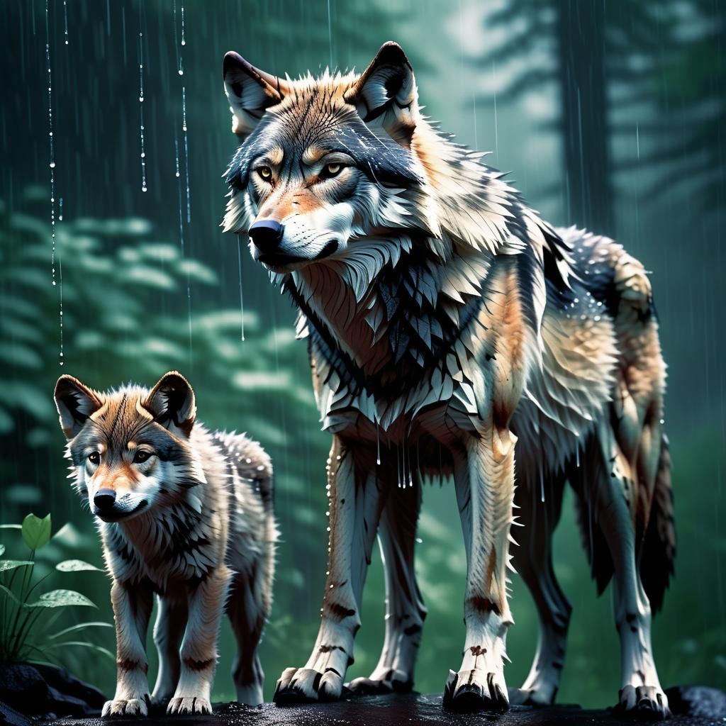 Summer rain cascading down in sharp focus on a wolf with its...