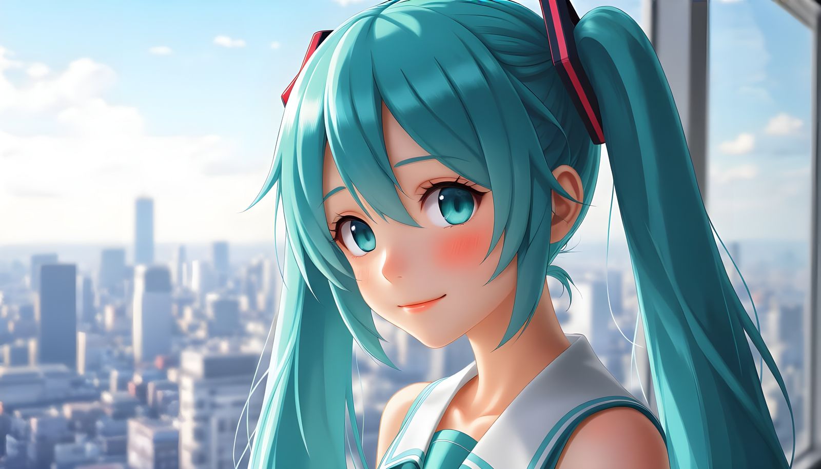 Hyperrealistic Portrait of Hatsune Miku with City View