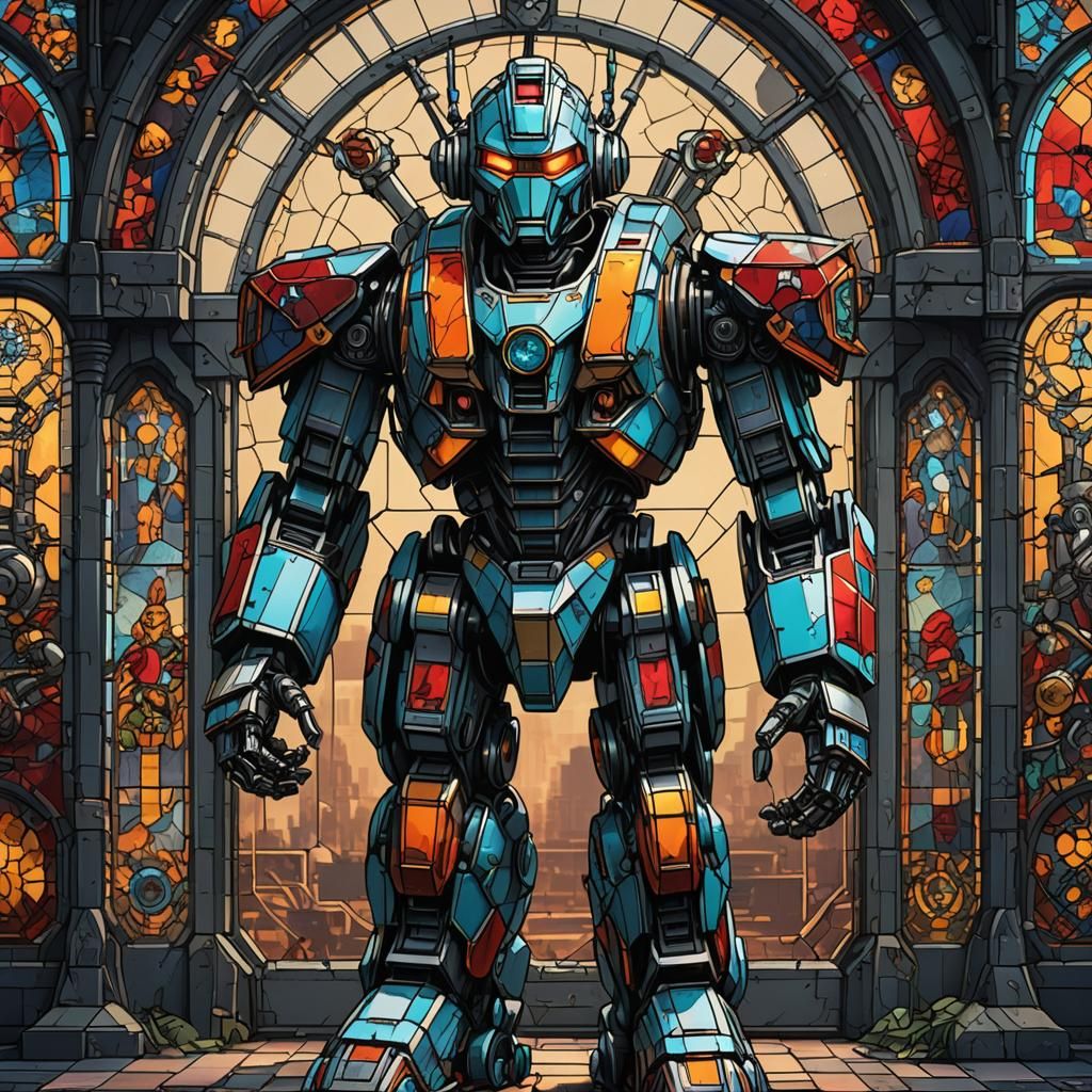 Stained Glass 80s Robot: Detailed Matte Painting