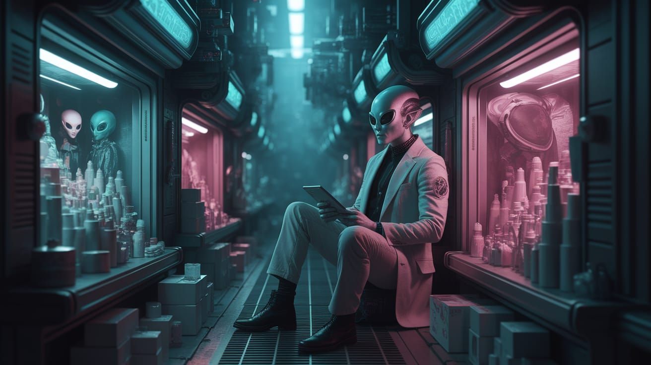 Cyberpunk Alien Merchant in Neon Alley