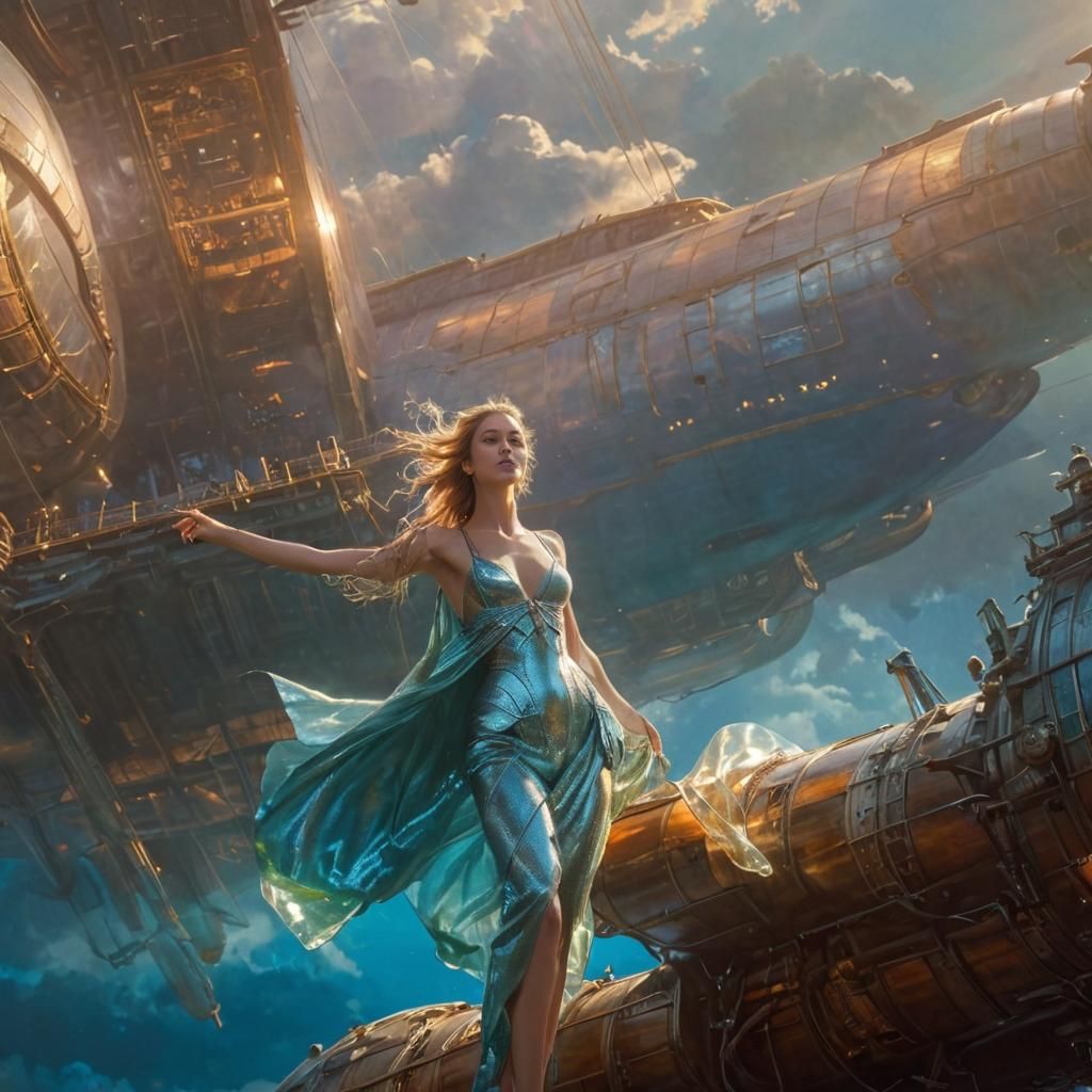 Cellophane Woman on Airship in Fantasy Palace