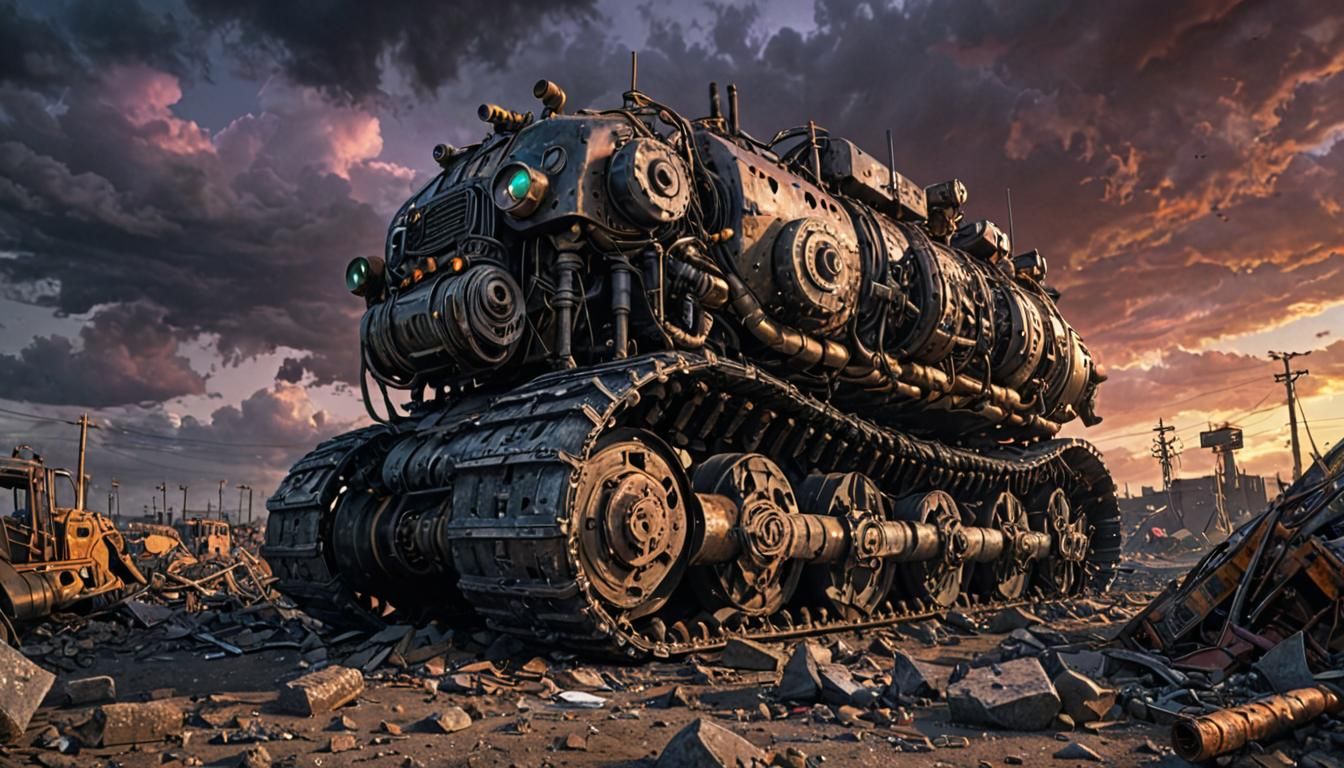 Dieselpunk Caterpillar War Machine in Wasteland Sunset