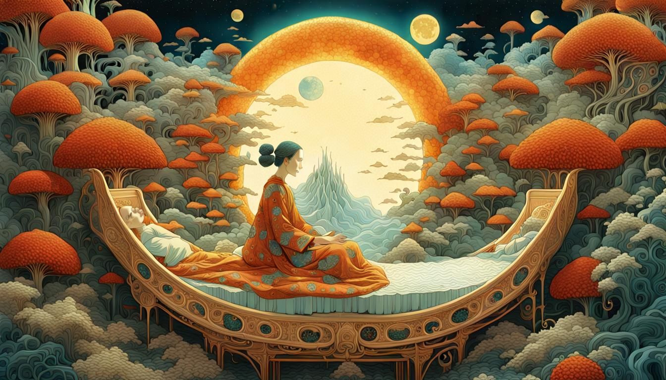 Celestial Woman in Surreal Sun and Moon Bed