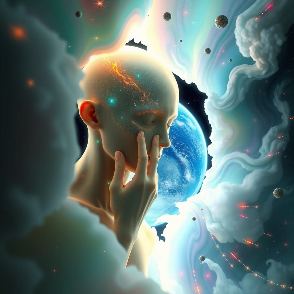 A transdimensional entity poking Head and hands through a ri...