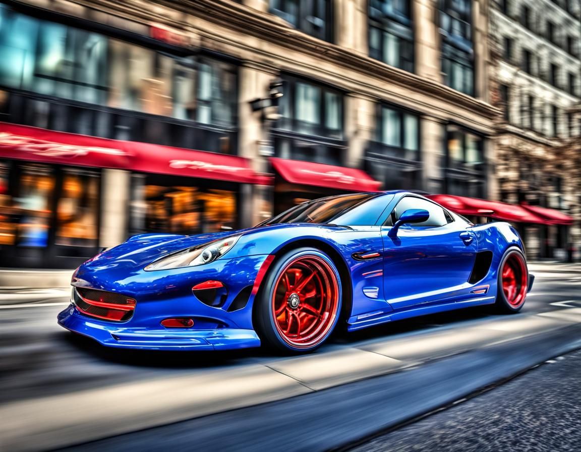 Hyperrealistic Sports Car Speeding Through Cityscape