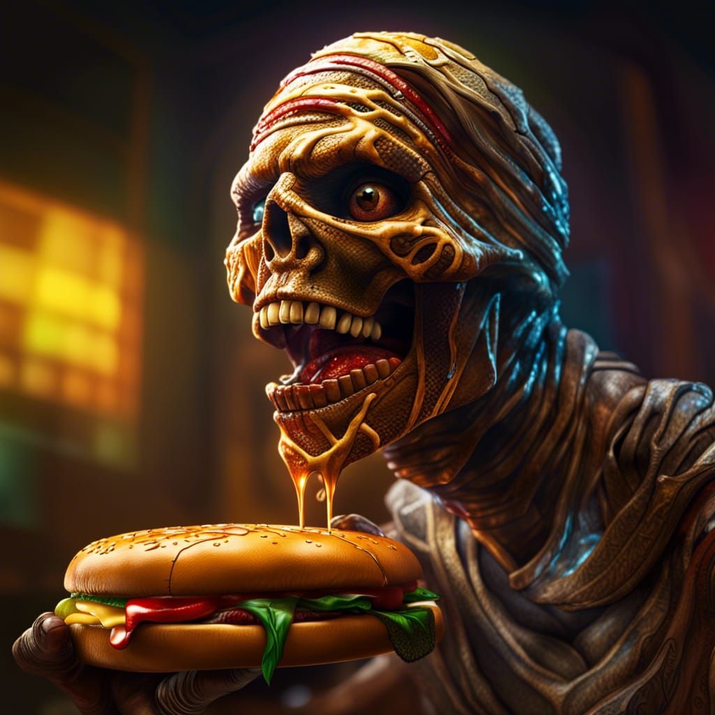 Mummy's Cheeseburger: Hyperrealistic Concept Art