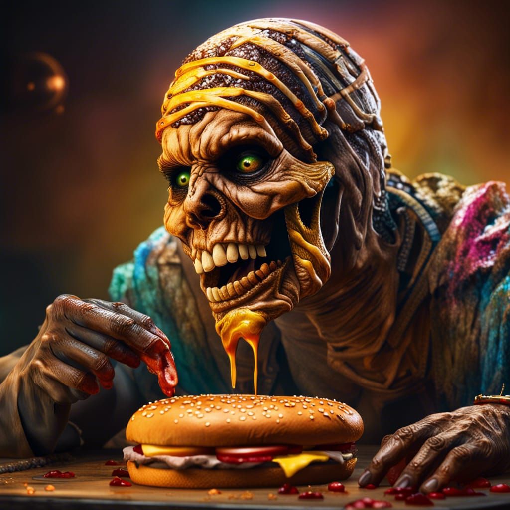 Mummy's Cheeseburger: Hyperrealistic Concept Art