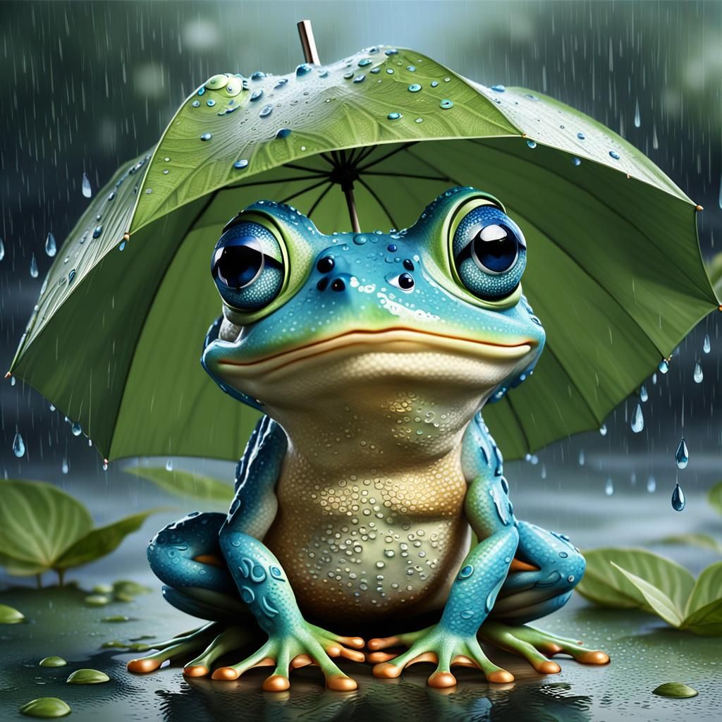 Cartoon Frog with Leaf Umbrella in Rainy Night