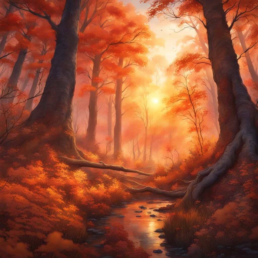Enchanting Watercolour Fall Forest Sunrise