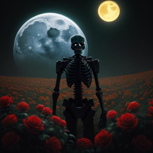Skeleton in a Horror Scene with Roses