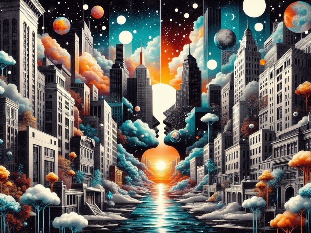 Surreal Cityscape in Vibrant, Fragmented Forms