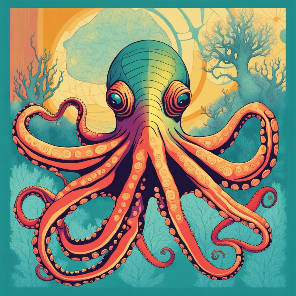 Pop Art Octopus on Coral Reef in 8k