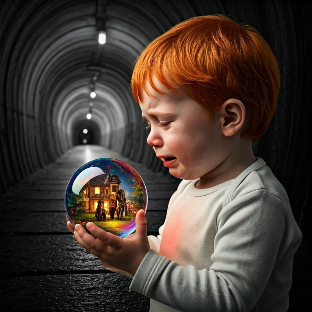 Boy with Colorful Glass Ball in Monochrome World
