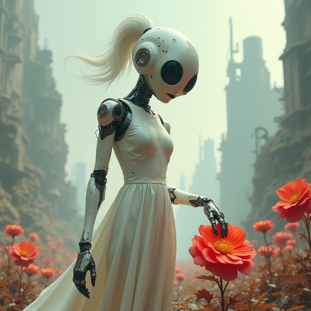 Cyborg Woman Tends Flower in Postapocalyptic City