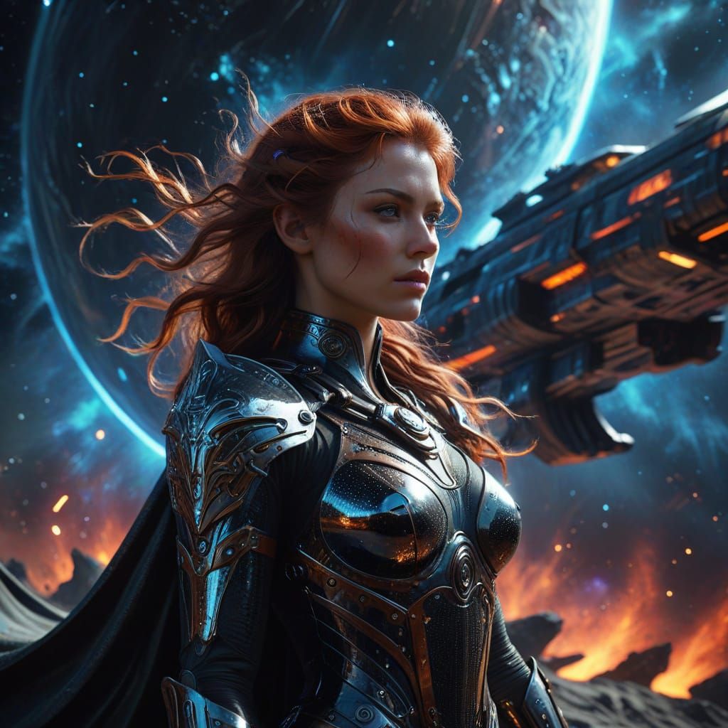 Sleek Boudicca Commands Chrome Longships in Nebula