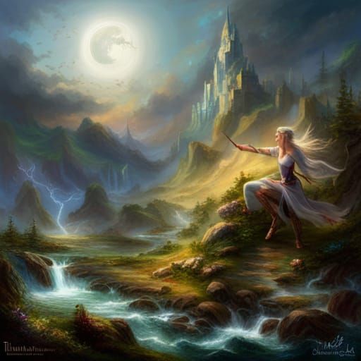 Elves Battle Enemies in Ethereal Fantasy Landscape