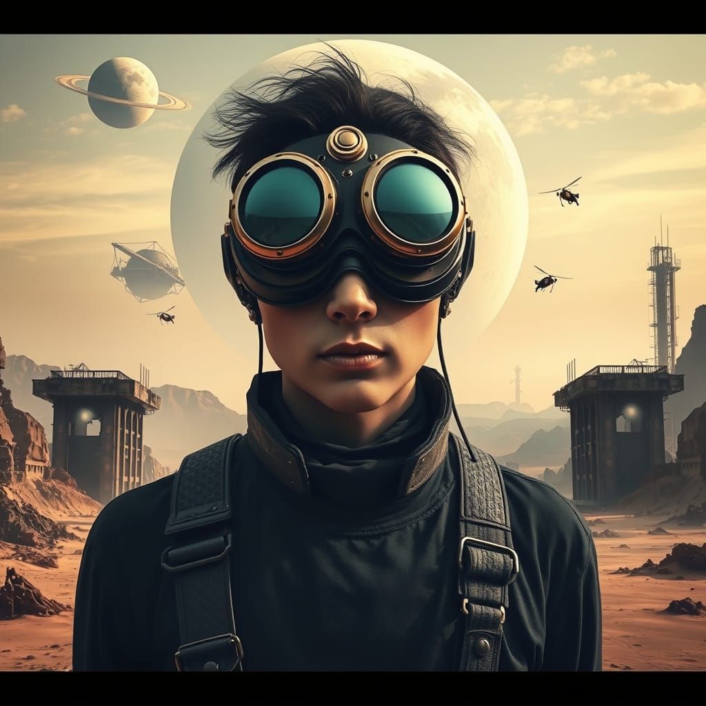 Steampunk Adventurer in a Dystopian, Fantastical Landscape