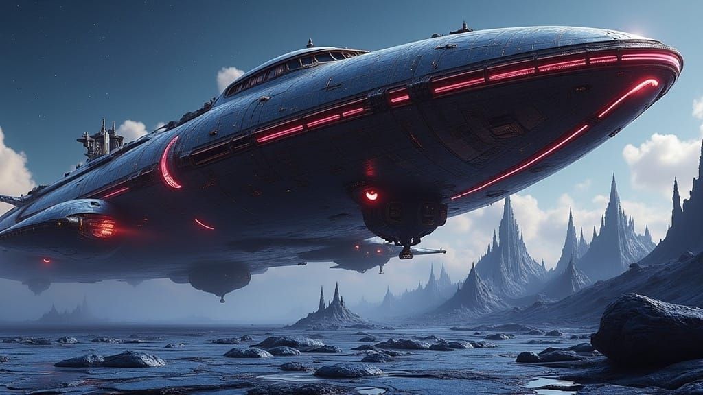 Sleek Spaceship Lands on Alien Planet in Neon-Lit Glory