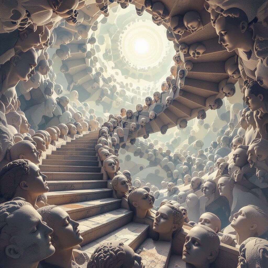 Escher-Inspired Spiral Staircase of Faces in Surreal Void