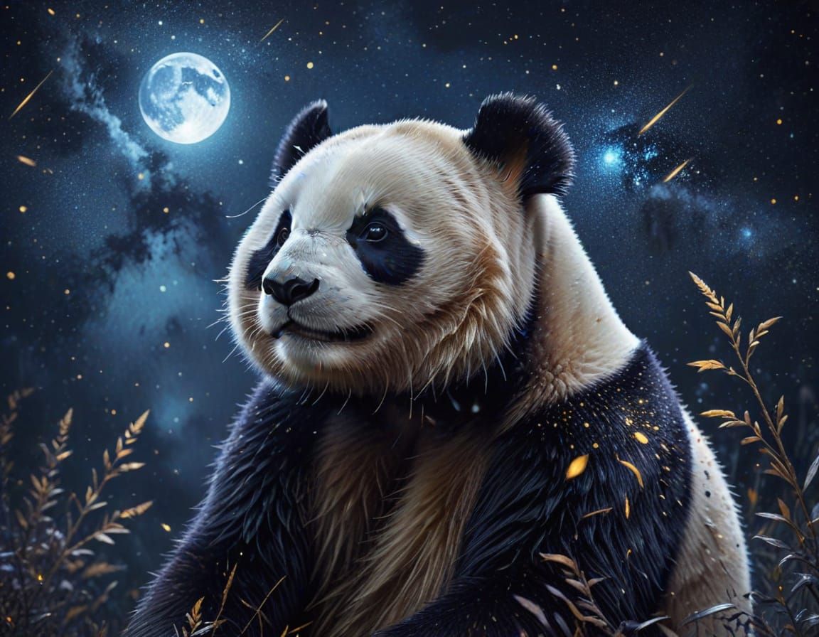 Vibrant Panda Under Starry Night Sky