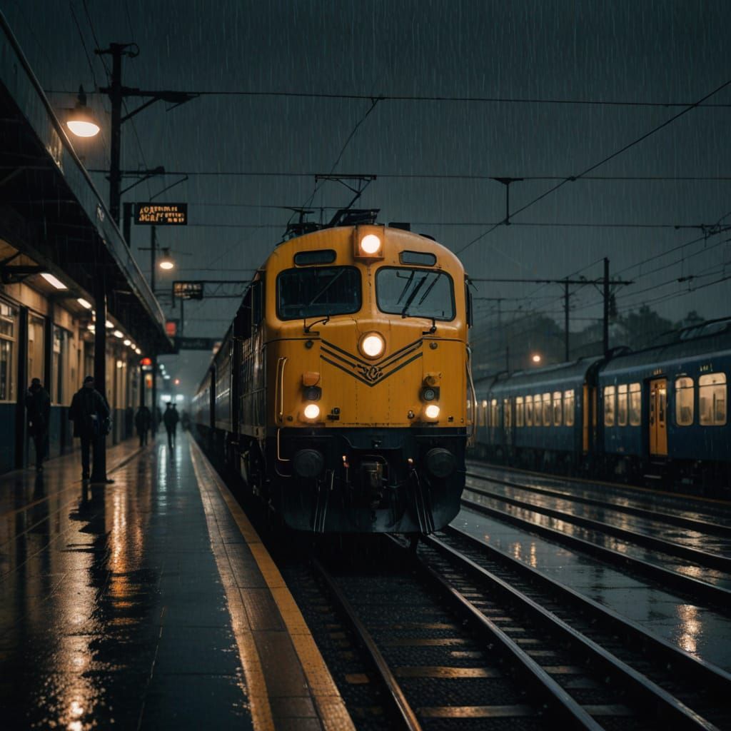 Gloomy Train Station at Dusk in Film Noir Style
