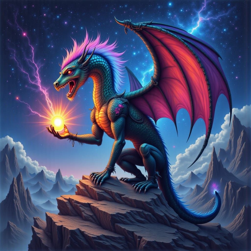 <lora:Color Magic:1.0> A majestic dragon, its scales shimmering with iridescent colors, perches atop a jagged mountain p...