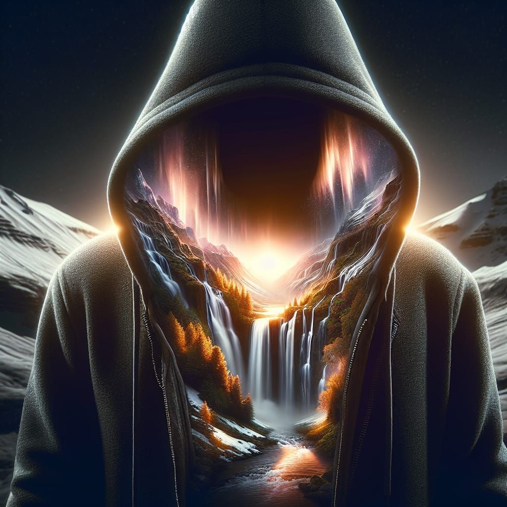 Hyperrealistic Hooded Figure with Waterfall Landscape