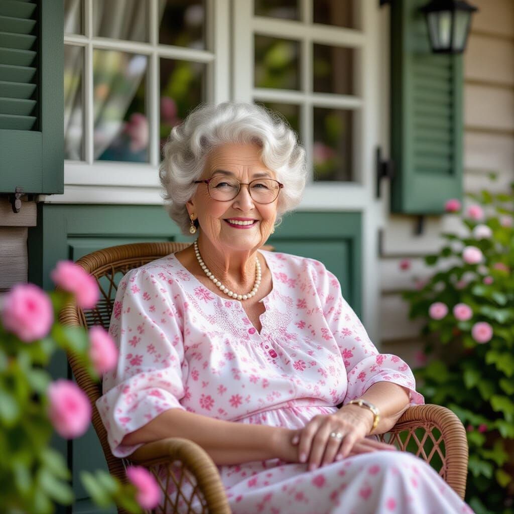Enchanting Grandmother Outside Fairytale Cottage in Ethereal...