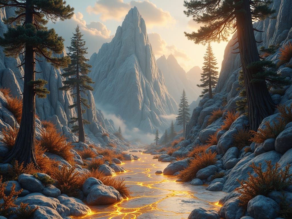 Marble Mountain with Golden Cracks in Dreamlike Style