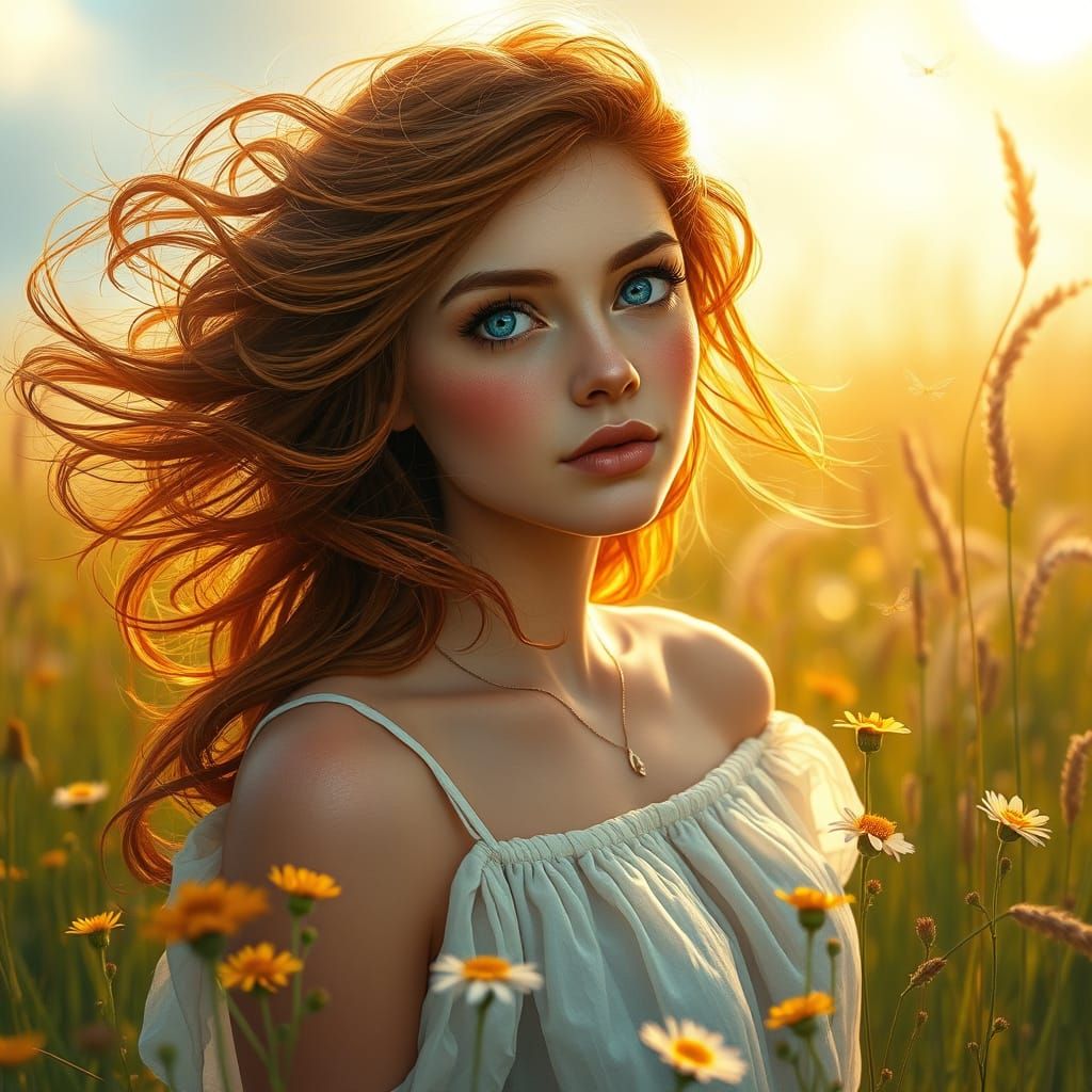 Auburn-Haired Woman in Wildflower Meadow, Hyperrealistic Sty...