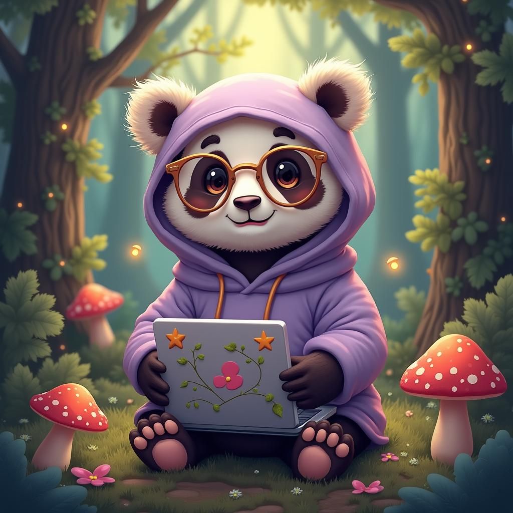 Panda in Hoodie with Laptop in Mystical Forest