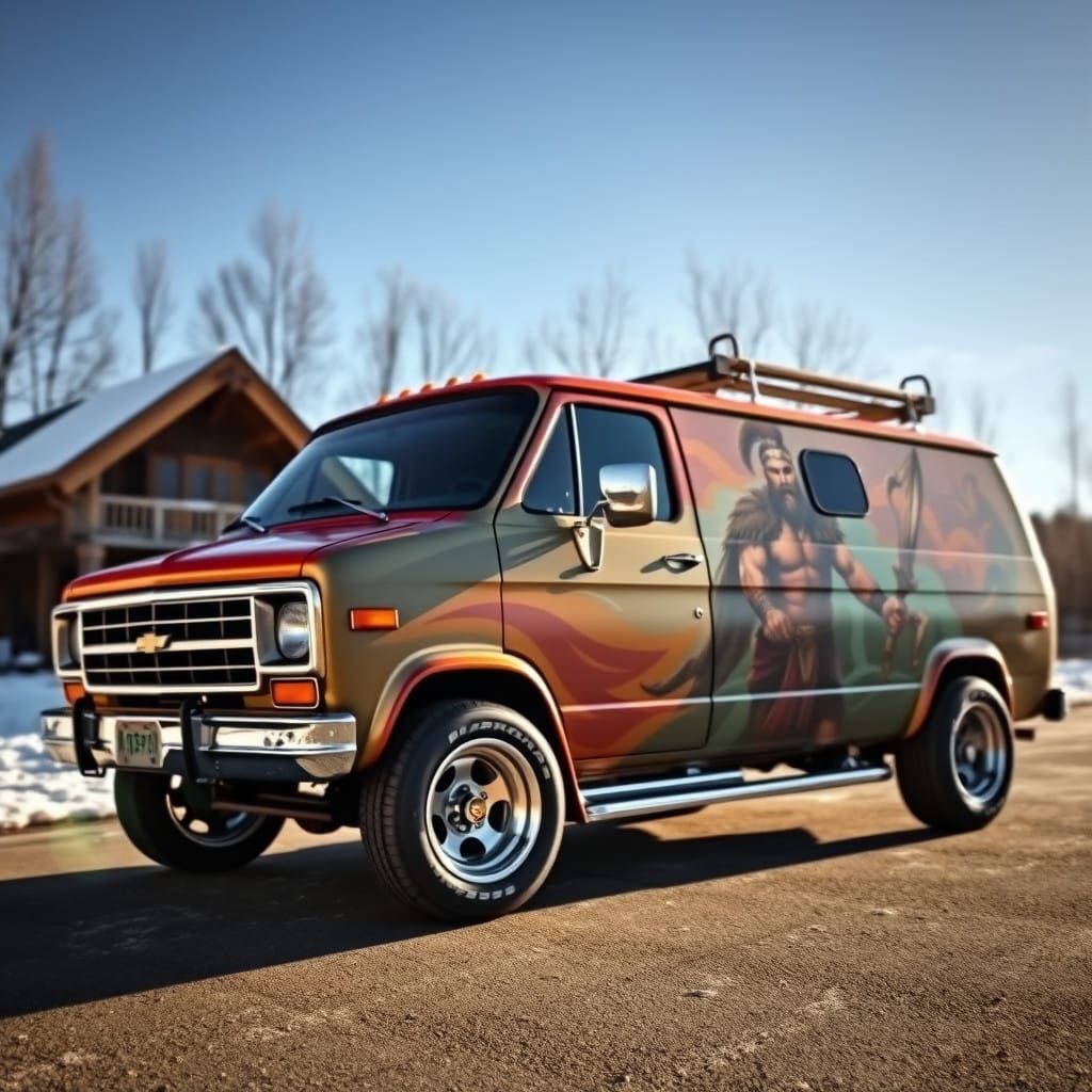 Custom 1975 Chevy Van with Barbarian Warrior Mural in Winter...