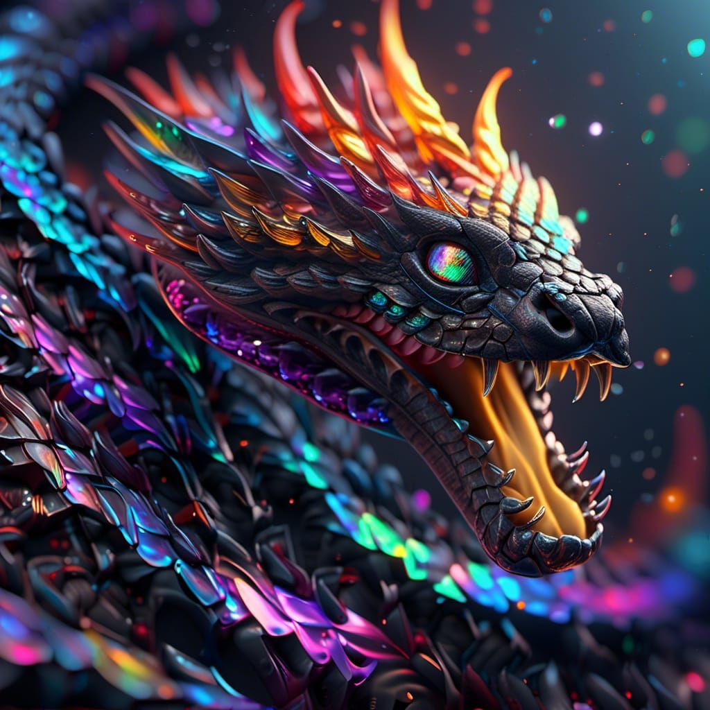 Iridescent Cobra with Rainbow Flames: Digital Art