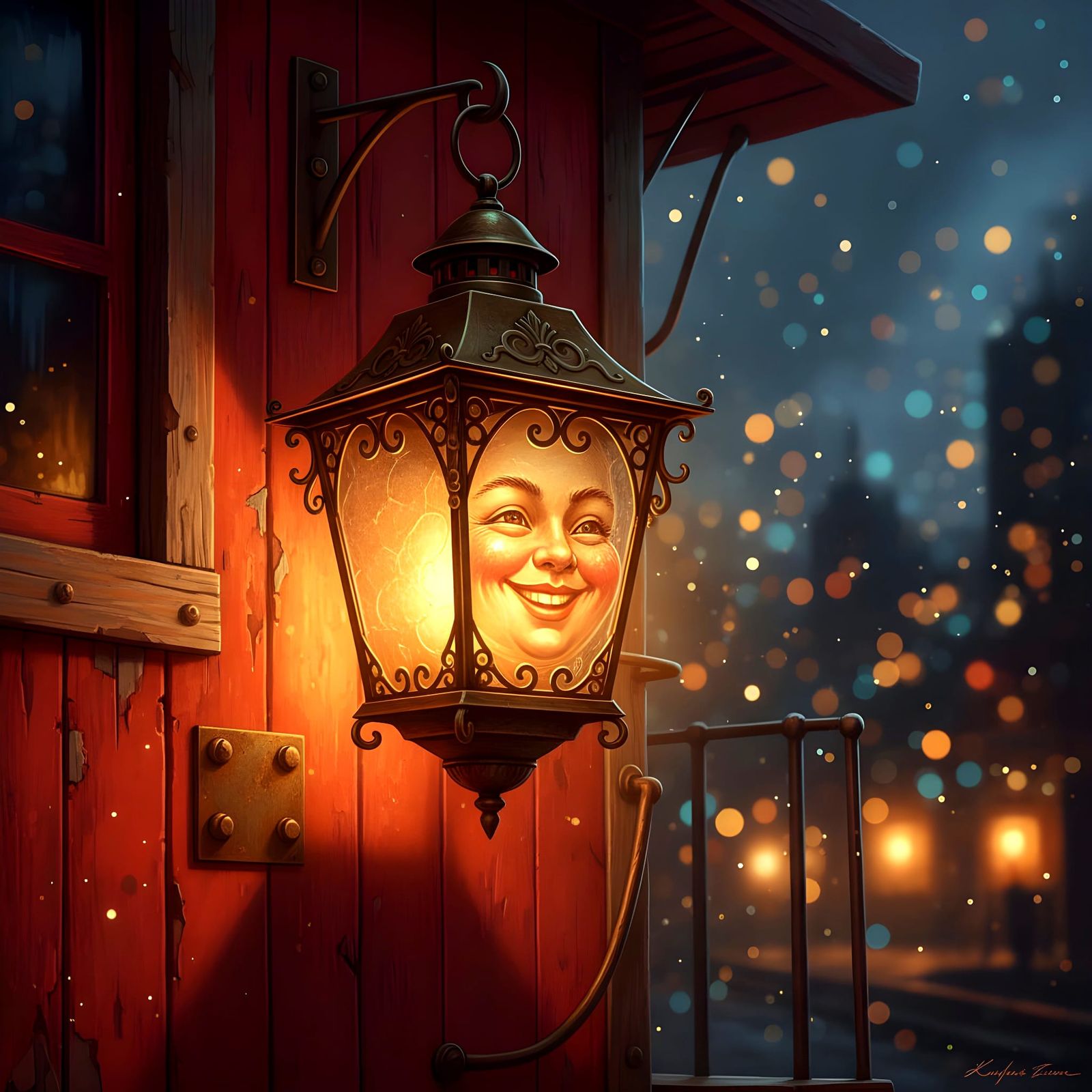 Joyful Vintage Lantern on Old Caboose at Night