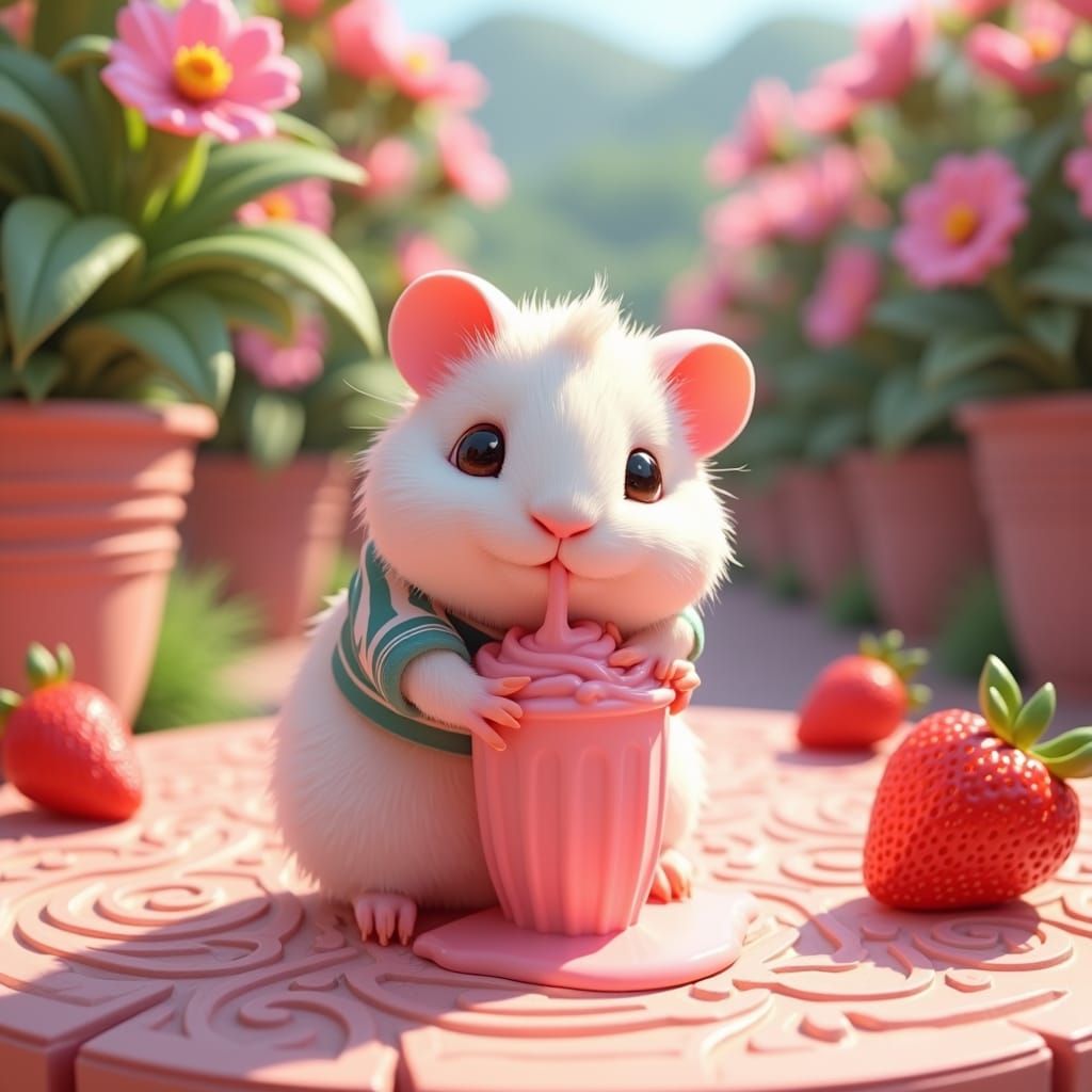 Guinea Pig and Strawberry Milkshake in Anime Style