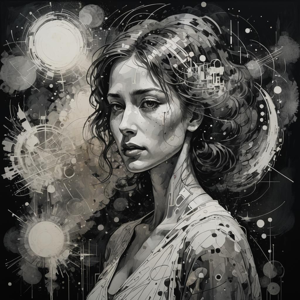 Luminescent Ink Sketch of Woman on Black Paper