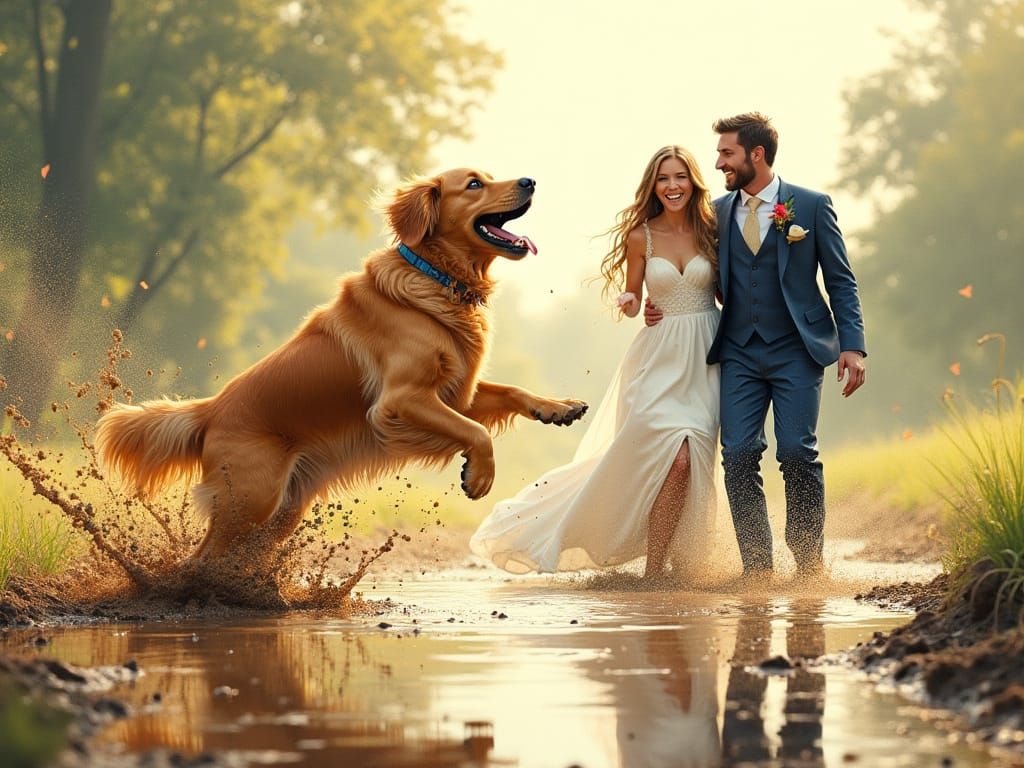 Golden Retriever Splashes Wedding Couple in Muddy Puddle