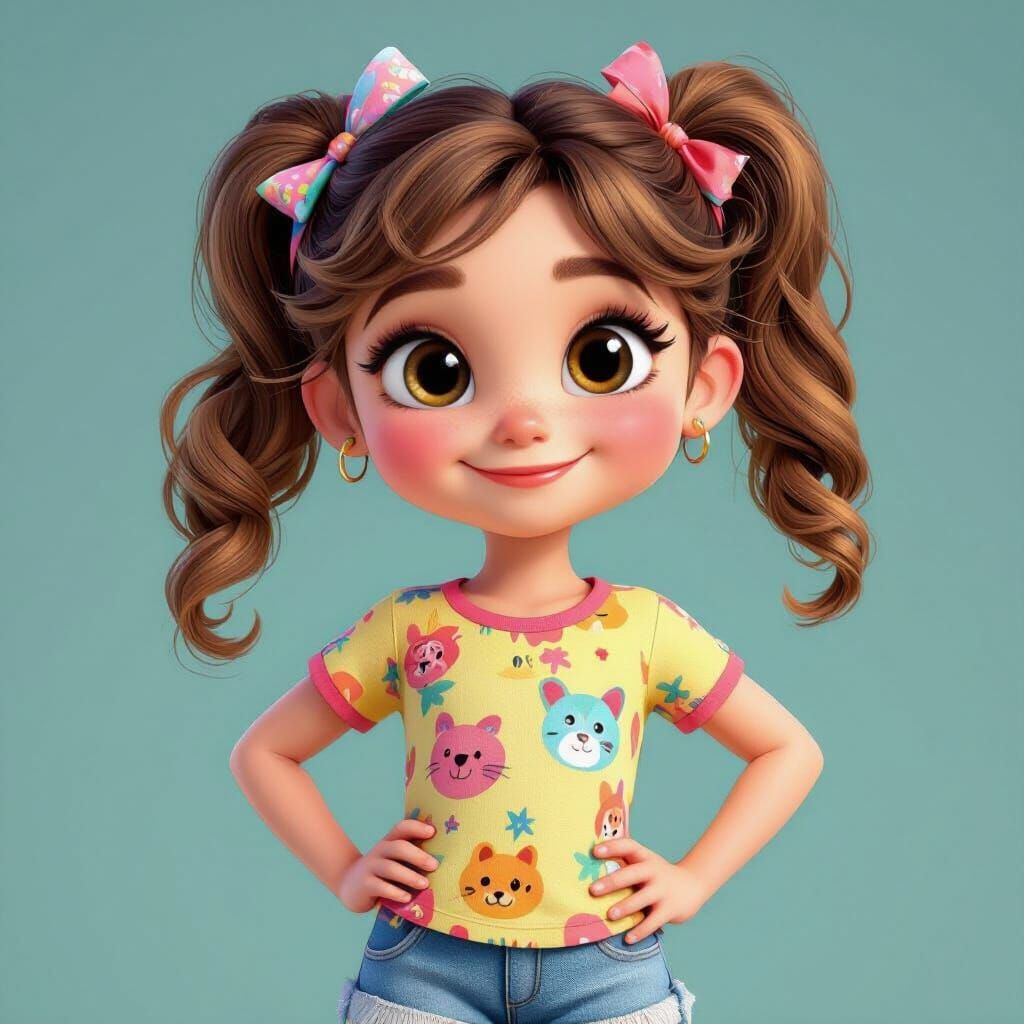 Pixar Style 3D Cartoon Girl with Pigtails