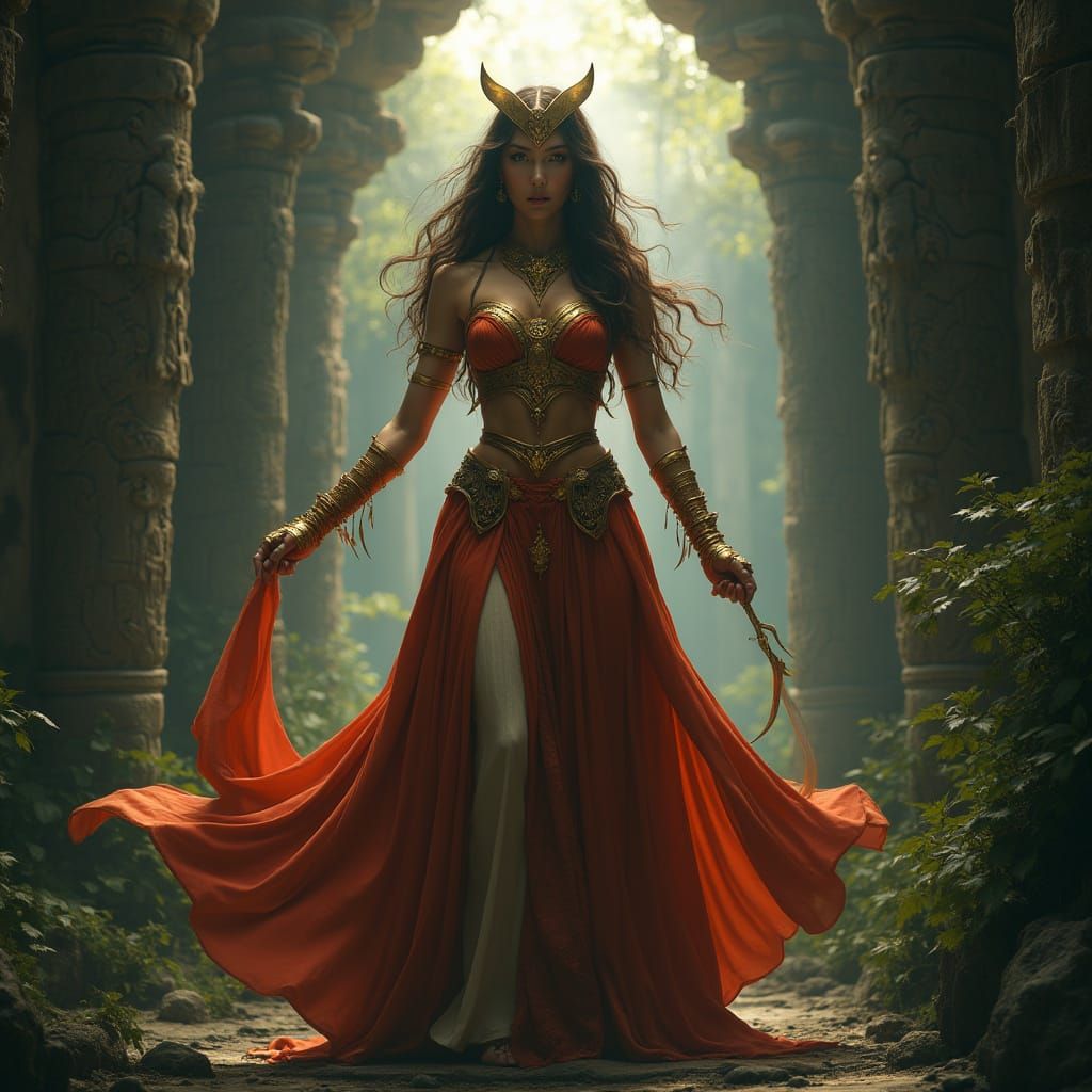 Ethereal Goddess of Strength in Ancient Temple