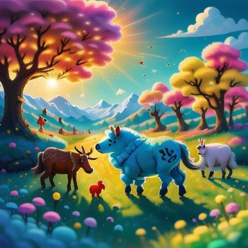 Funny Cartoon Animals Playing on a Farm