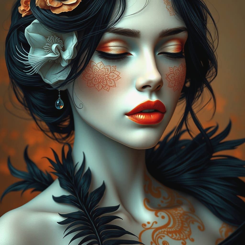 Exotic Female Figure in Vibrant Orange and Black