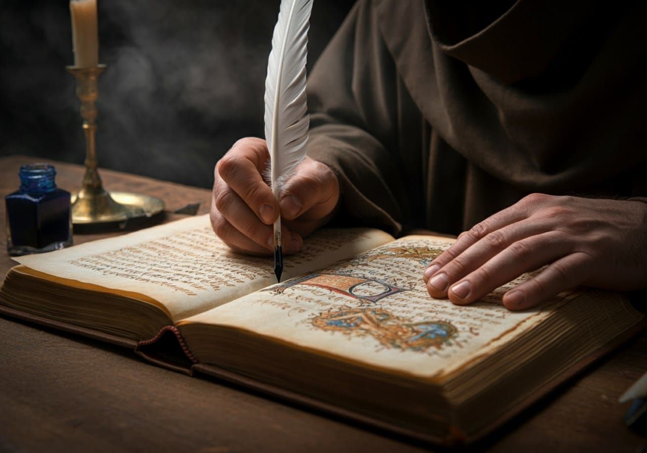 medieval monk, writing with a quill
