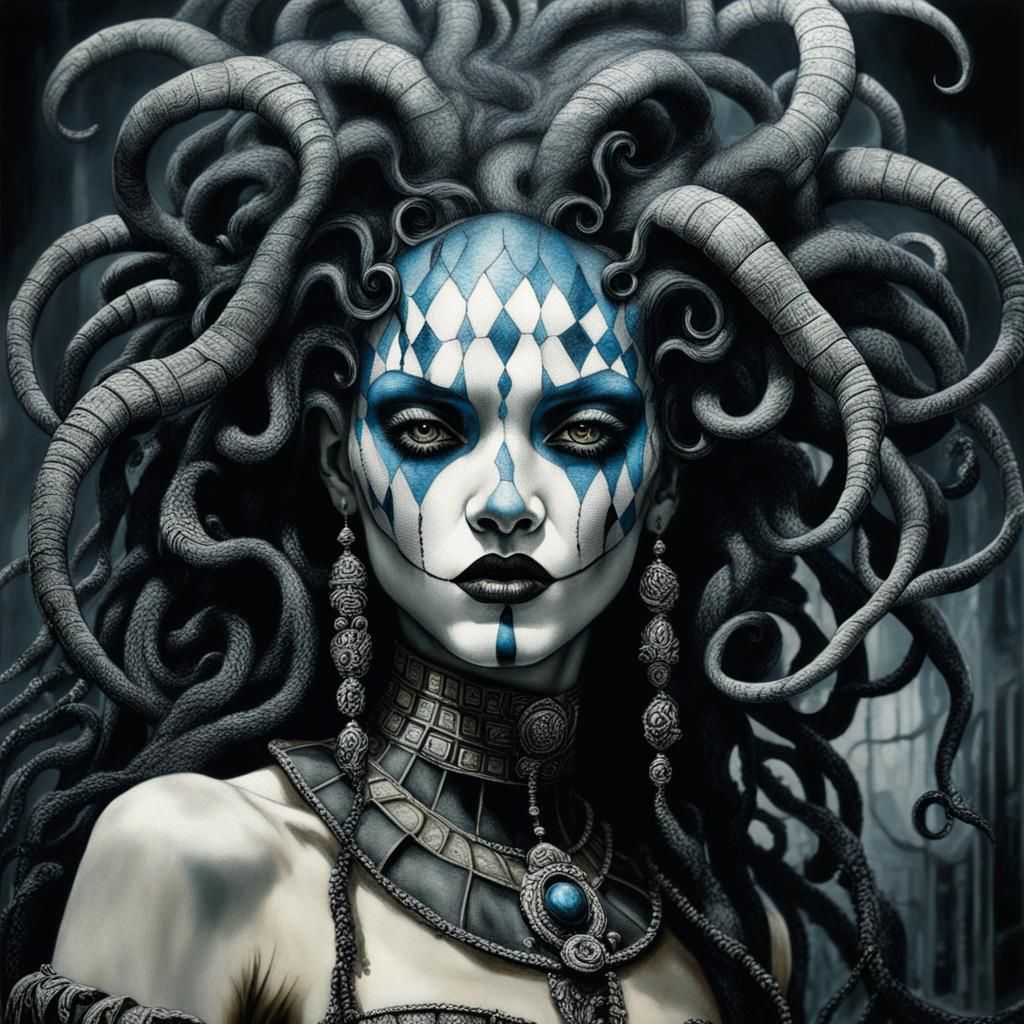 Weeping Harlequin Medusa in Dark Fantasy Style