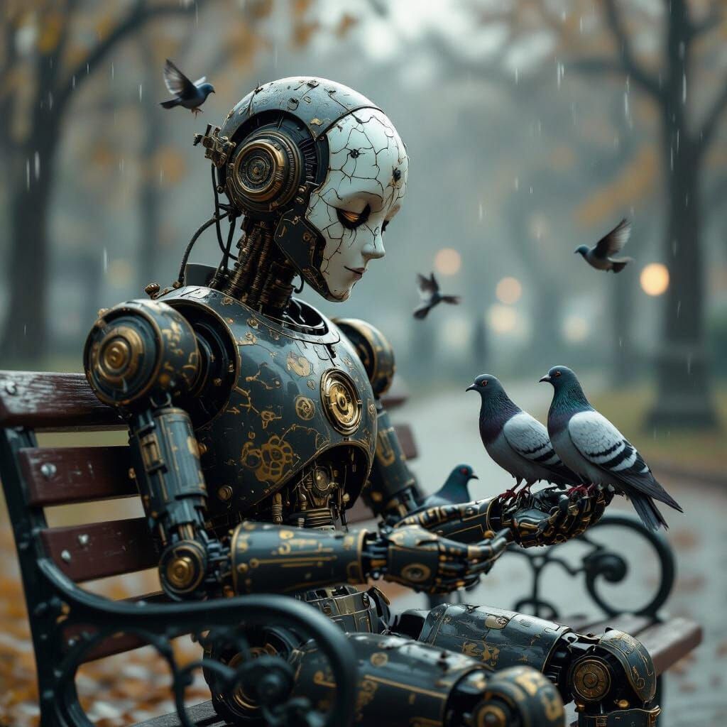 Dark Fantasy Robot Feeds Clockwork Pigeons