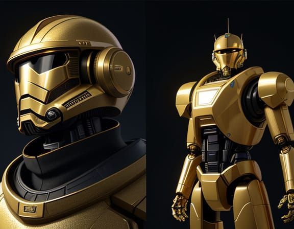 Golden Robot Warrior in Desert Landscape, Retro Futuristic S...