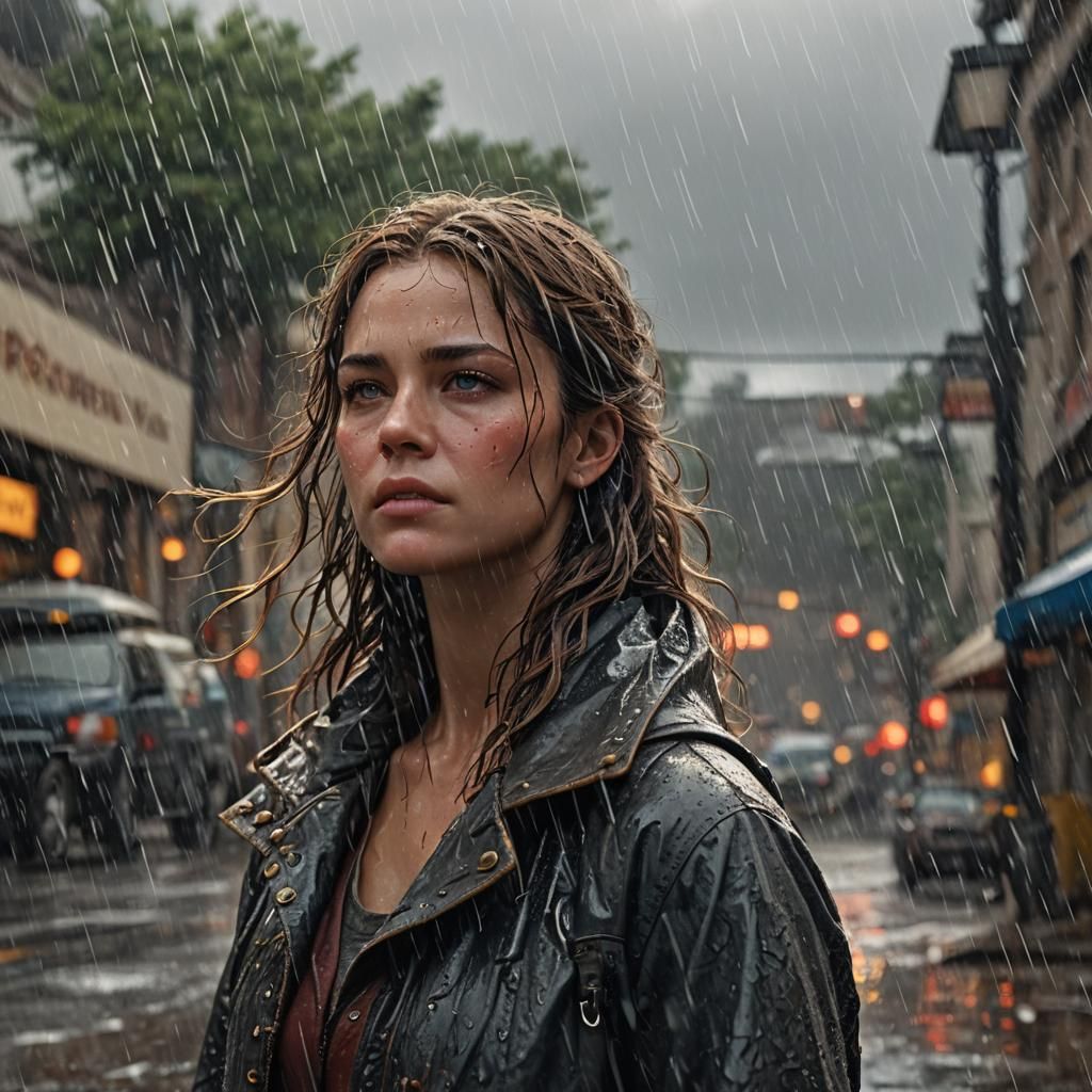 A woman standing in the rain in the middle of a street