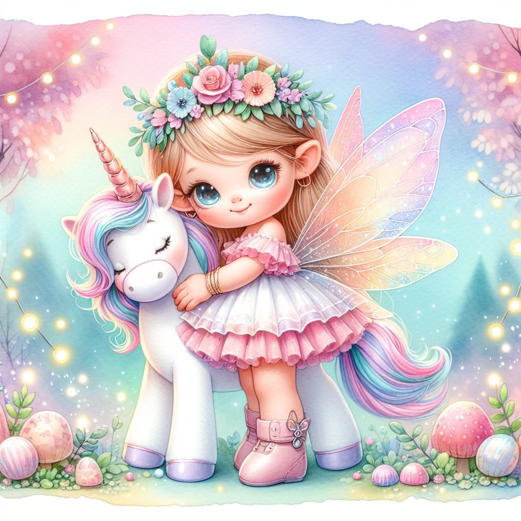 Watercolor style full body image of a Disney Pixar style adorable girl fairy, with her baby unicorn, pink glittery horn,...