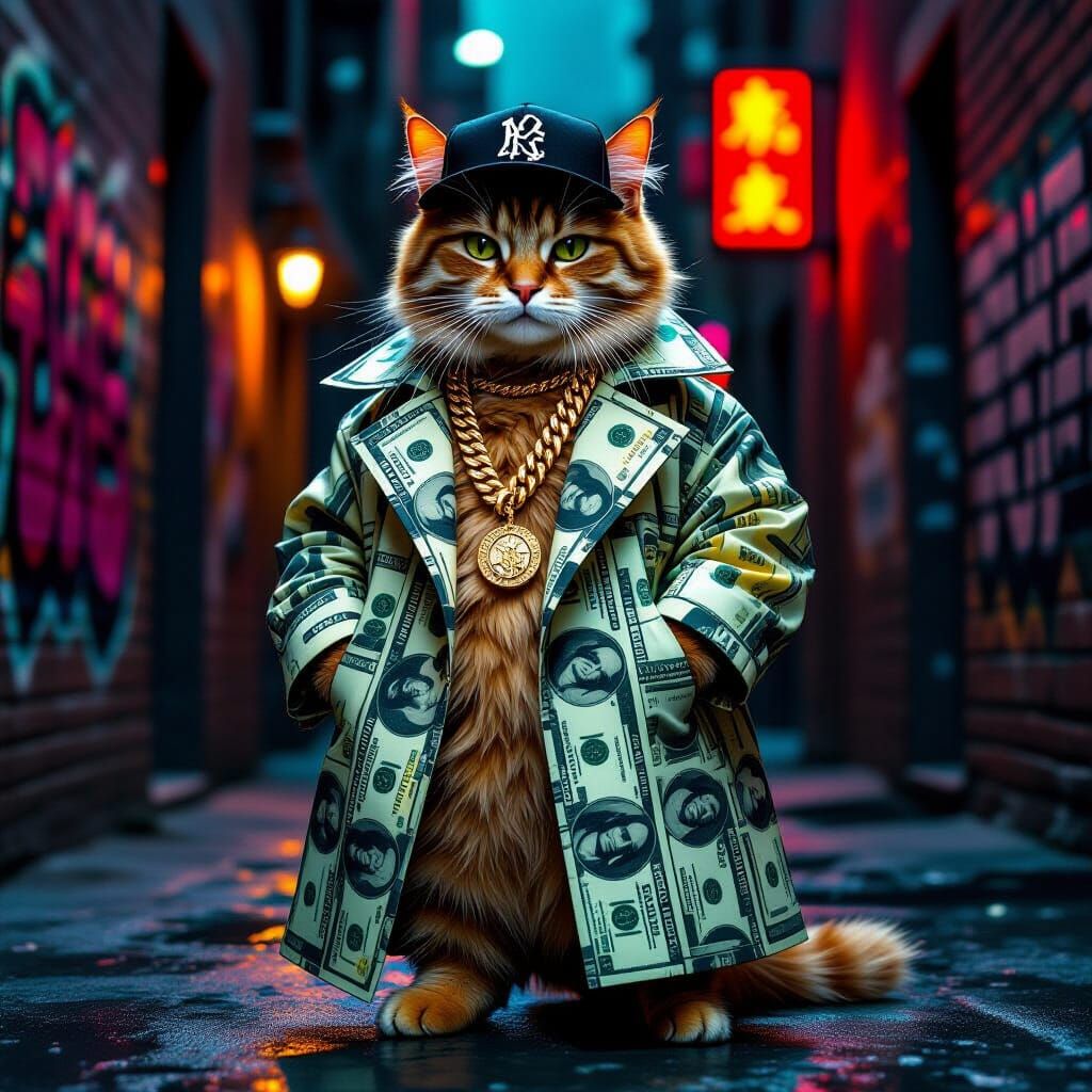 Hip Hop Cat Rapper in Dollar Bill Coat