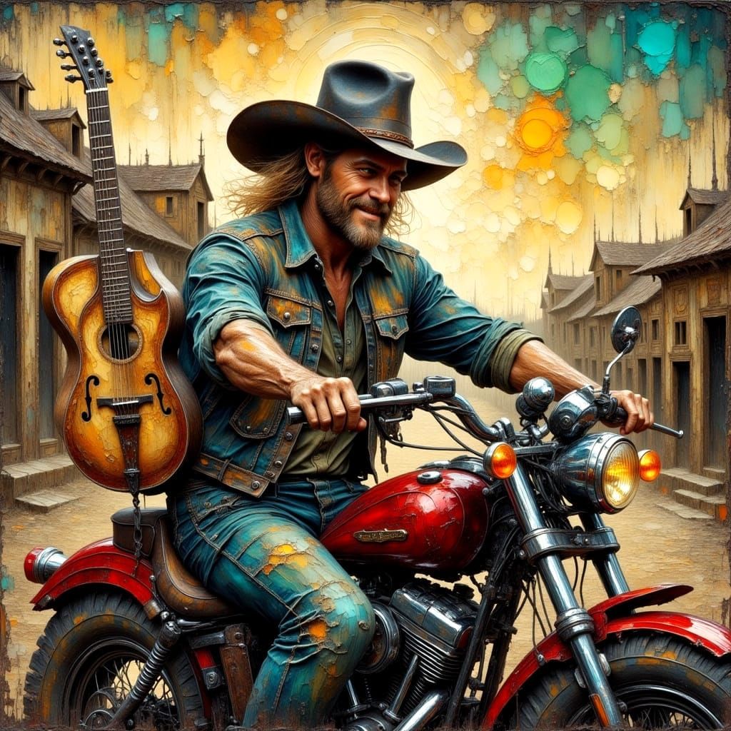 Expressive Impasto Oil Painting of a Cowboy on His Harley